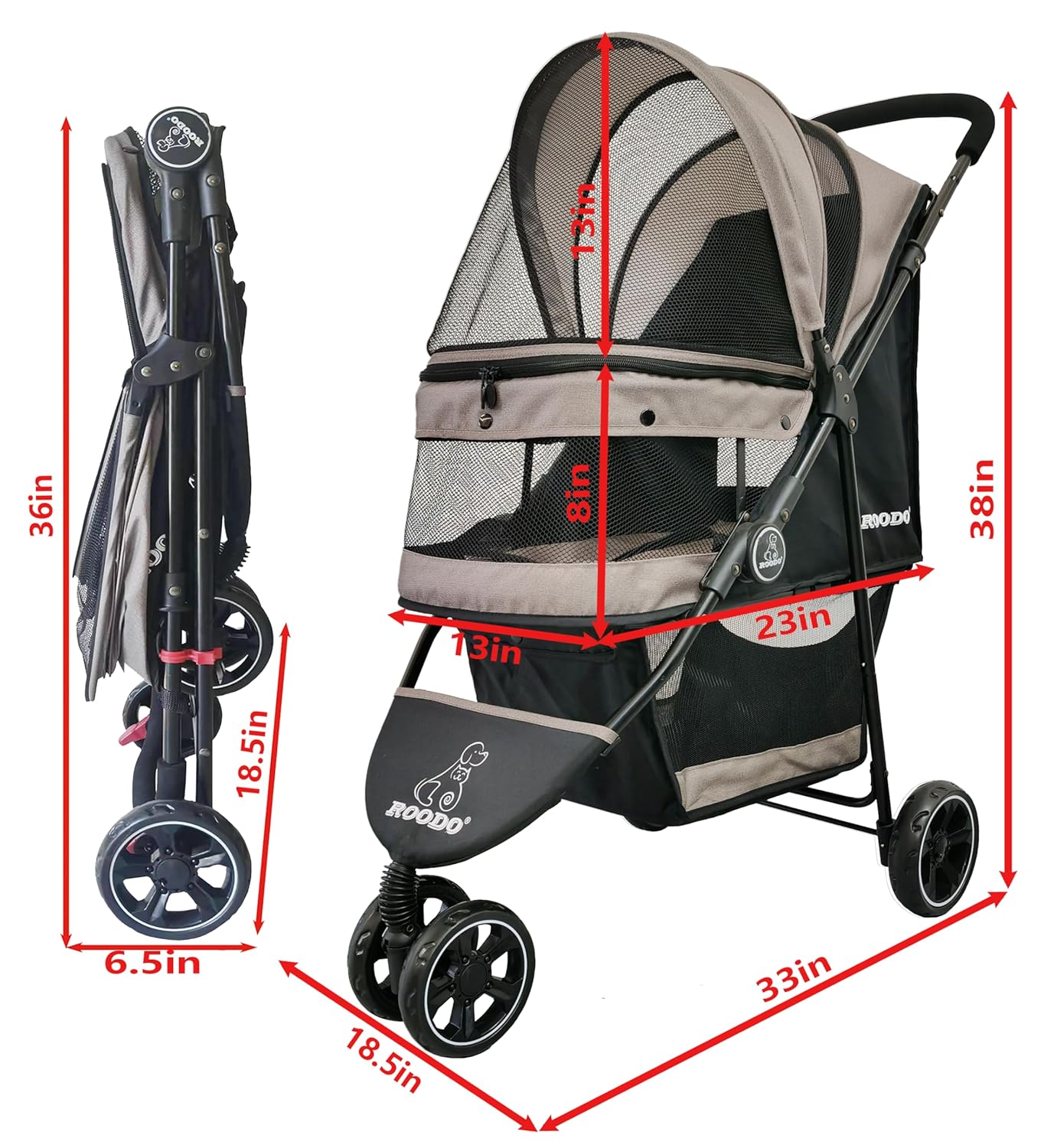ROODO Escort 3 Wheel Dog Cat Pet Stroller for Small/Medium Dogs Cats Best Lightweight Foldable Portable Compact Jogger All Terrain Travel Pet Gear System Puppy Doggie Bunny Kitty Stroller(Grey)