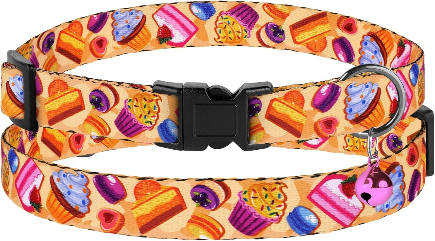 4PCS Breakaway Cat Collars with Bell - Cute Soft Adjustable Safety Kitten Collars 4-Pack - Nylon Pet Collars Nature Tribal Striped Floral Space Aztec Flowers Print (Travel & Cookies)