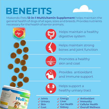 Dog Multivitamin 12 in 1 Supplement 120 Soft Chews - Joint Support + Gut Digestive Enzymes & Probiotics + Cranberry Urinary Health & Vitamins for Energy, Skin, Coat, Liver & Immune Aid Dog Vitamins