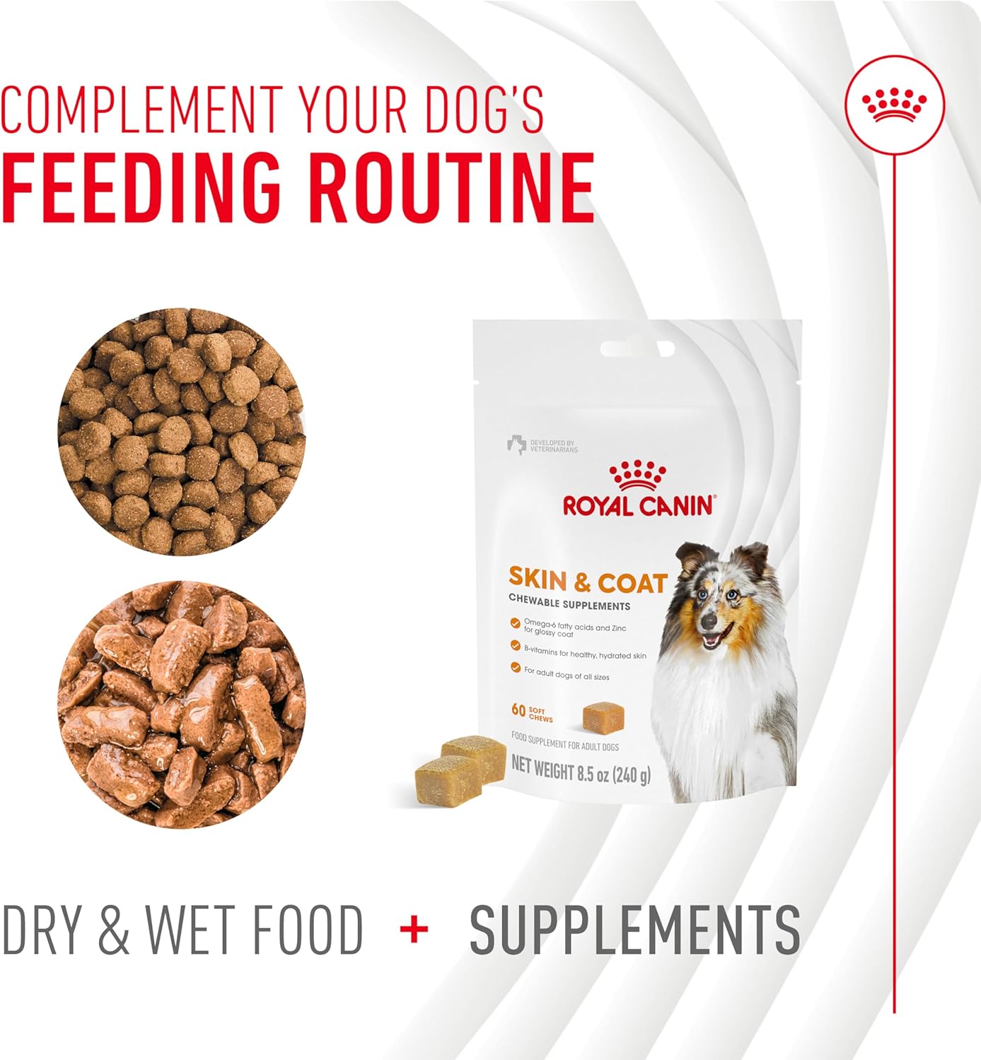 Royal Canin Skin & Coat Dog Supplement Soft Chews for Adult Dogs, 60 Count (Pack of 4)