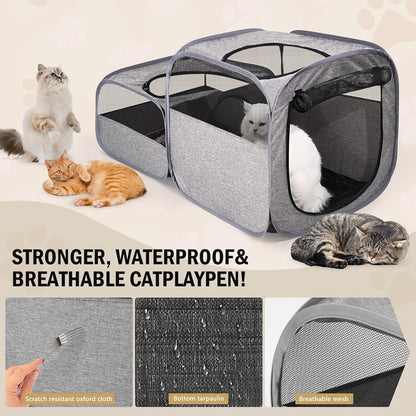 Large Outdoor Cat Playpen, Foldable 2-in-1 Zone Waterproof Cat Enclosure Puppy Pen for Outdoor Use, Portable Pet Playpen with Soft Sides, Great for Gardens, Camping, Backyard