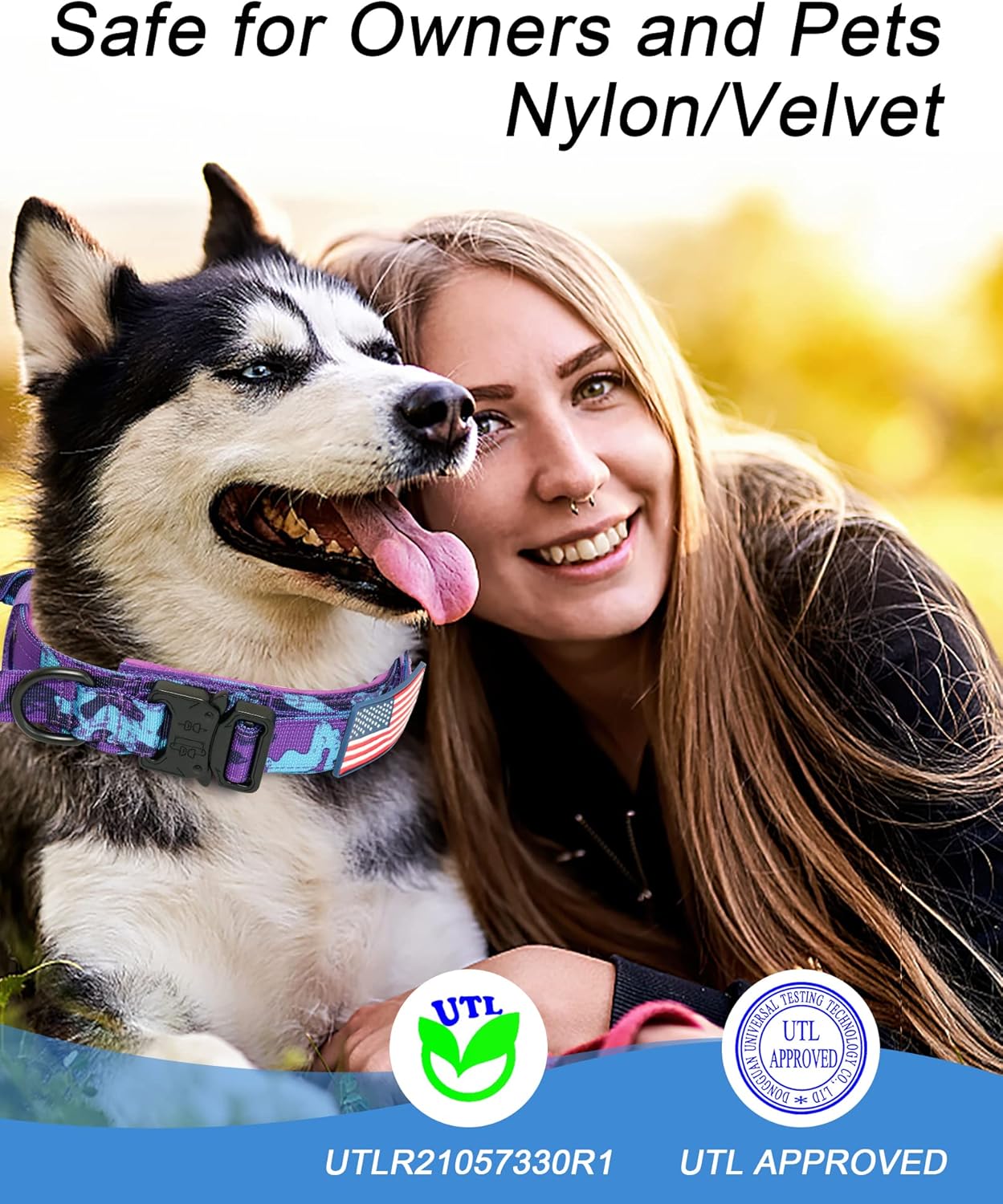 Hotsky Tactical Dog Collar, Adjustable Military Training Nylon Airtag Collar with Handle and Heavy Duty Metal Buckle for Medium Large Dogs, with Airtag Holder and Two Patches（Purple Camo,XL）