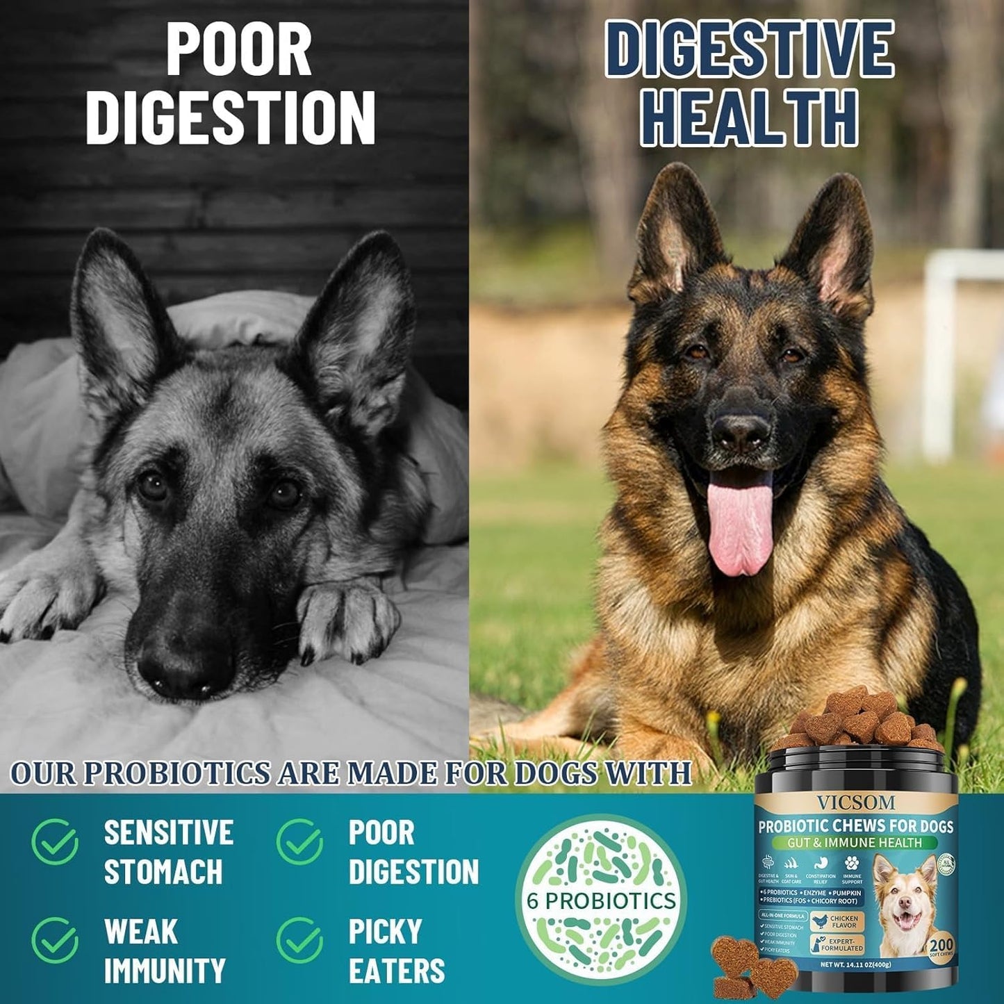 Dog Probiotics for Dogs, 200 Soft Probiotics Chews for Dogs Digestive Health Gut Health & Immune System, with 6 Probiotics & Digestive Enzymes, Support Itchy Skin, Constipation & Diarrhea Relief