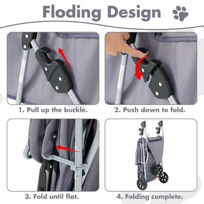 Smug 3 Wheels Pet Stroller, Dog and Cat Strollers, Storage Basket and Cup Holder, Breathable Mesh, Lightweight Travel Carrier, Waterproof and Foldable for Small Pets Outdoor Walk, Grey