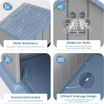 Fancyango Large Dog House Outdoor Indoor for Medium Large Dogs, Sturdy Plastic Waterproof Doghouse with Air Vents and Elevated Floor, Easy Clean and Assemble (Blue, 36.2''L×38''W×38''H)