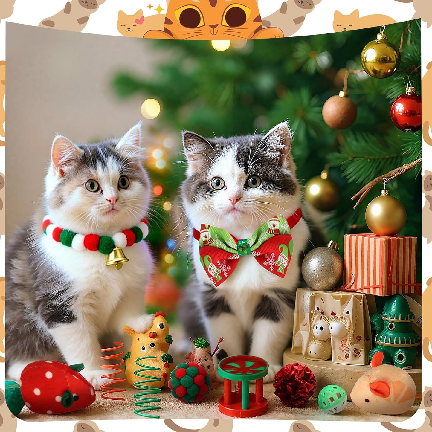 30 Pcs Assorted Christmas Cat Toy Interactive Gifts with Wand Collar Rattan Ball Christmas Bell Mouse Caterpillar Kitten Play Toy Stuff Indoor Outdoor