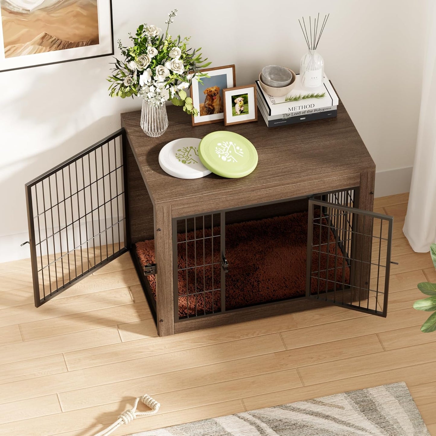 Greesum Modern Dog Crate Furniture That Doubles as a Side Table - Sturdy Wooden Kennel with Front & Side Door Access, Plush Cushion & Chew-Resistant Design for All Dog Sizes