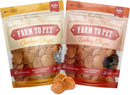 Farm To Pet - Dog Treats Chicken & Turkey Chip Protein Value Pack, 100% All Natural, Single Ingredient Training Treats, Made in USA, for Small, Medium, and Large Dogs