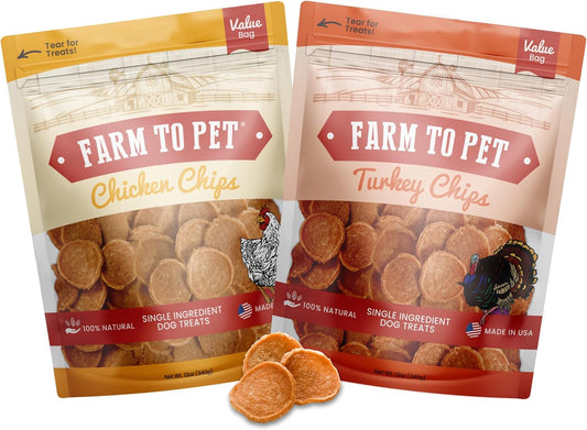 Farm To Pet - Dog Treats Chicken & Turkey Chip Protein Value Pack, 100% All Natural, Single Ingredient Training Treats, Made in USA, for Small, Medium, and Large Dogs