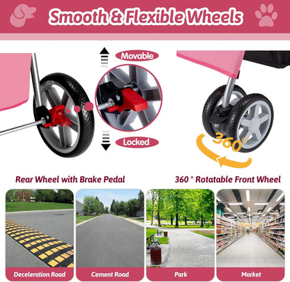 Pet Stroller, 4 Wheels Pet Strolling Cart for Medium/Small Dogs and Cats, Foldable Cat Jogger/Dog Stroller with Cup Holder, Storage Basket, Breathable Mesh, All-Season Pet Carrier, Pink