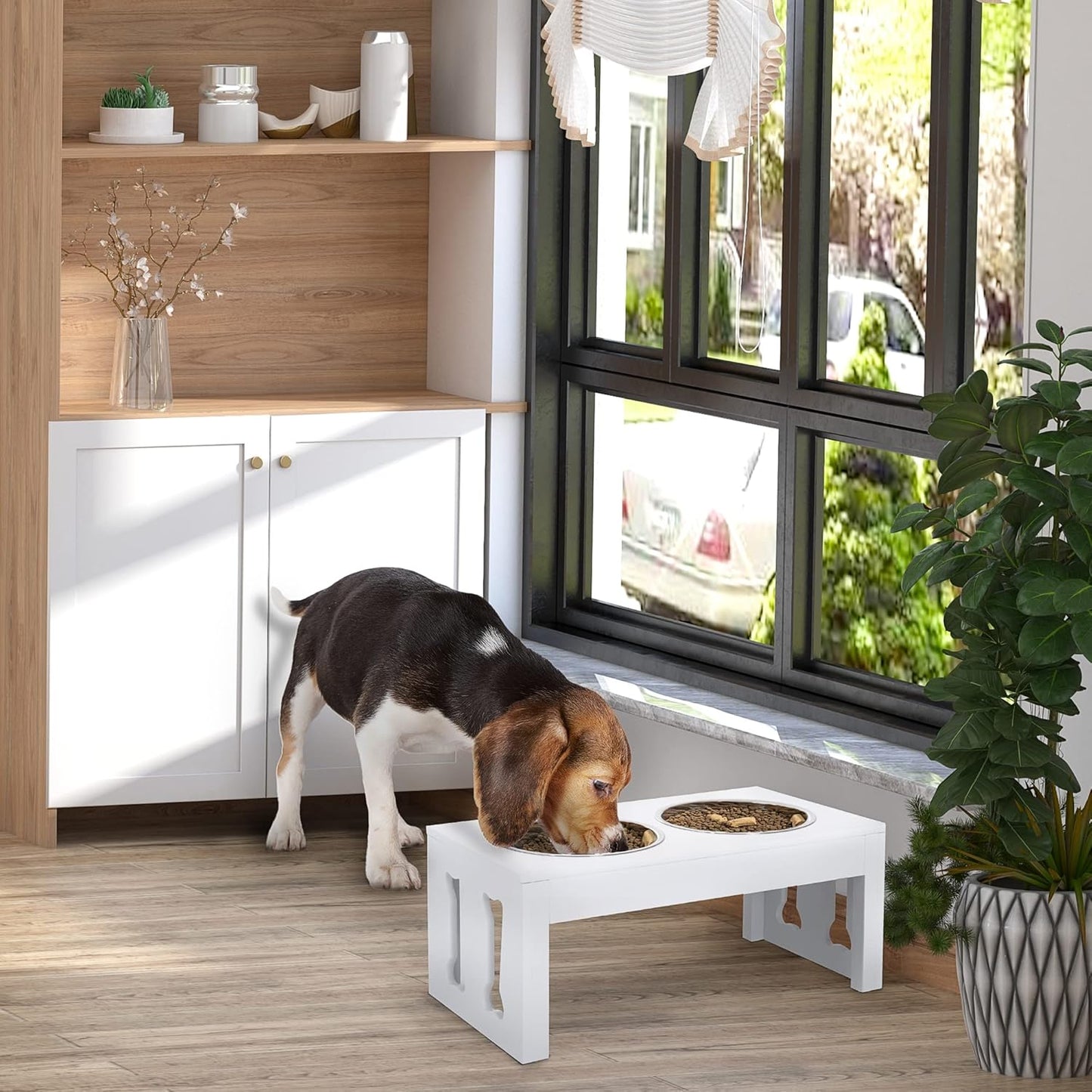 GREAZ 23" Modern Decorative Dog Bone Wooden Elevated Pet Food Bowl Feeding Station, White