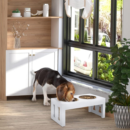 GREAZ 23" Modern Decorative Dog Bone Wooden Elevated Pet Food Bowl Feeding Station, White