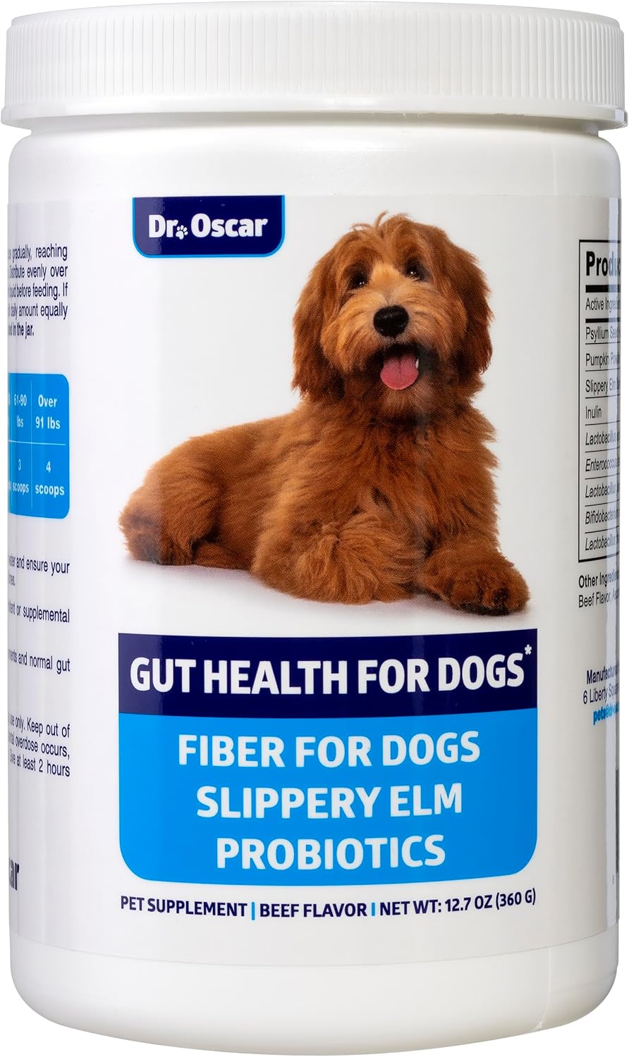 Dr. Oscar Gut Health for Dogs, Fiber for Dogs, Slippery Elm, Probiotics for Digestive Health, Psyllium Husk, Helps Maintain Regular Bowel Movement & Stool Quality, Powder 12.7 OZ, 360 Grams, 90 Scoops