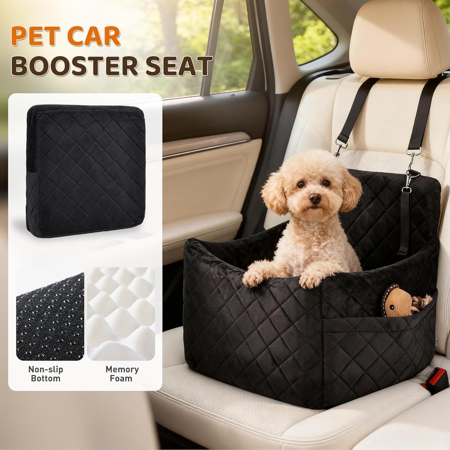Dog Car Seat for S/M Dogs, Memory Foam Dog Booster Car Seat Up to 35lbs, Detachable Washable Pet Travel Bed with Side Pockets and 2 Safety Belts, Easy to Install (Black)
