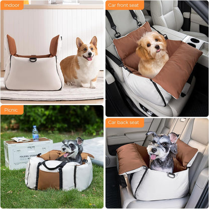 Dog Car Seats for Small Dogs, Waterproof Dog Booster Carseat with Storage Pockets, Thickened High Resilience Cotto & Clip-On Safety Leash, Pet Back Seat Puppy Travel Carrier Bed