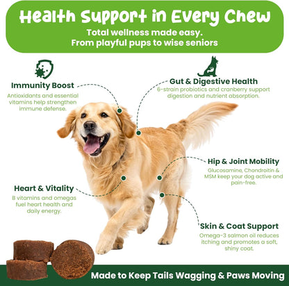 Vibin’ Tails Dog Multivitamin, Chewable Dog Vitamins and Supplements with Glucosamine, Chondroitin, Probiotics & Omega-3 for Hip & Joint, Skin & Coat – Puppy & Senior Multivitamin – 120ct