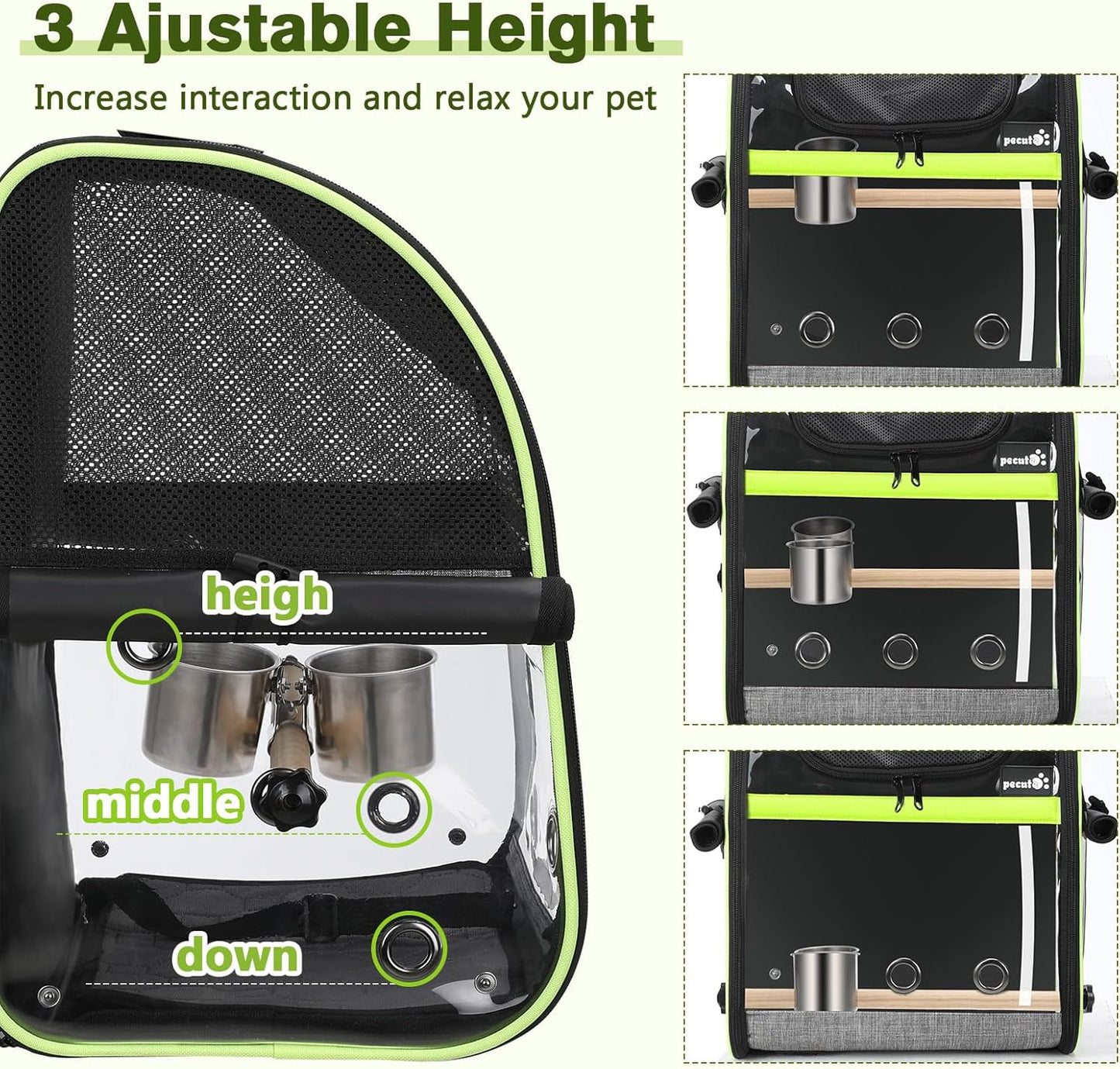 Pecute Bird Carrier Backpack, Parrots Bird Backpack with Visible Window, Adjustable Height Standing Perch, Feeding Cans, Waterproof Pads, Lightweight Foldable Birds Travel Cage for Hiking Camping