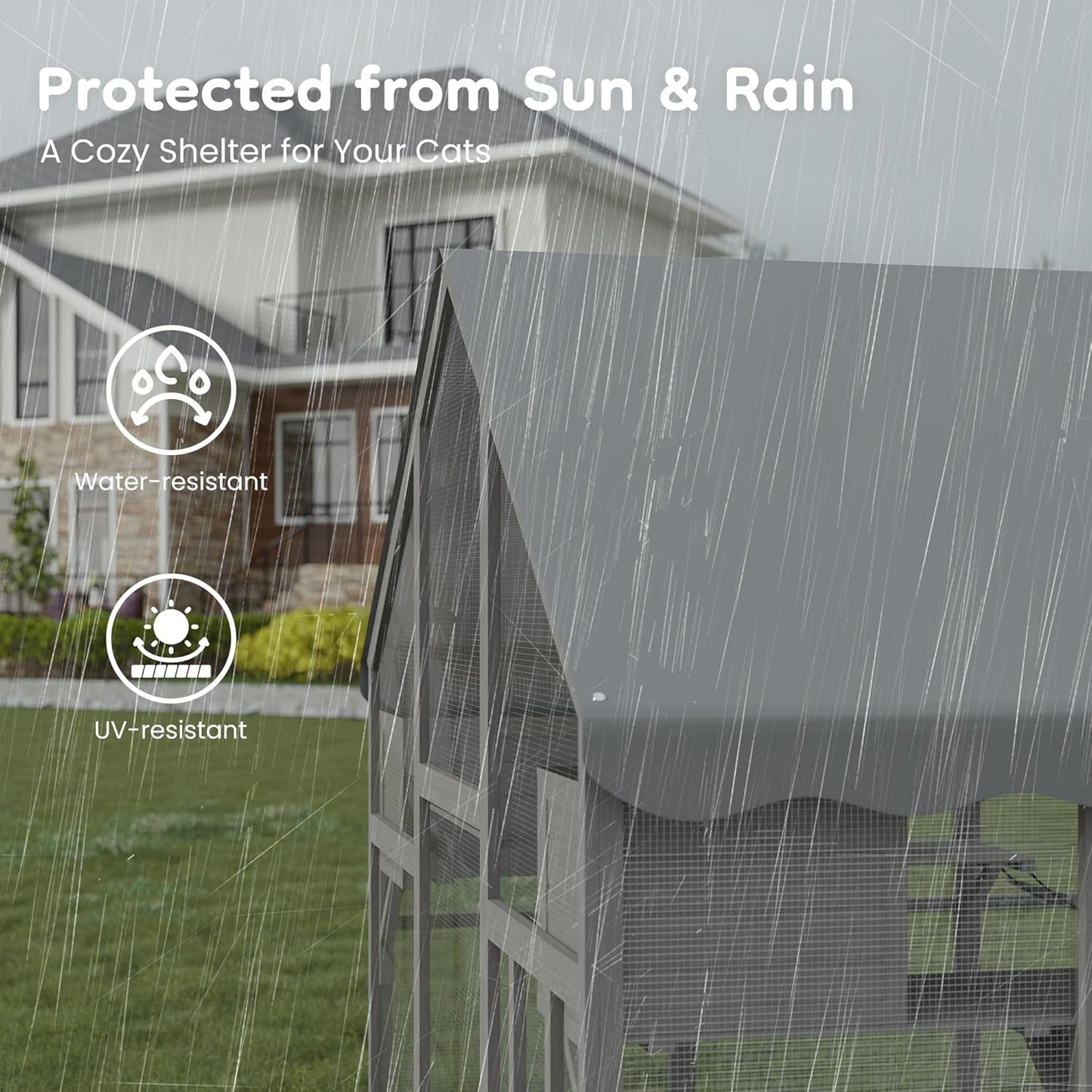 Extra Large Catio – Walk-in Outdoor Cat Enclosure for Multiple Cats, 110" Multi-Level Wood Cat Patio Playpen with Weatherproof Roof, Bridges, Condos and Door Access