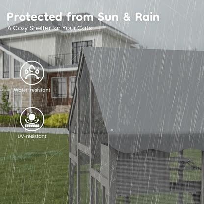 Extra Large Catio – Walk-in Outdoor Cat Enclosure for Multiple Cats, 110" Multi-Level Wood Cat Patio Playpen with Weatherproof Roof, Bridges, Condos and Door Access