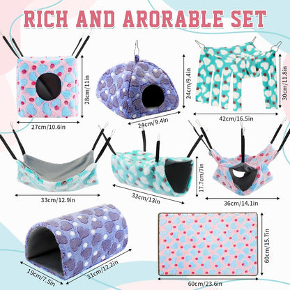 8 in 1 Winter Rat Cage Accessories Guinea Pig Hammock Ferret Cave Beds Guinea Pig Hideout Washable Soft Hamster Toys Hanging Tunnels Mats Curtains for Christmas Small Animals Pet Bunny Gifts