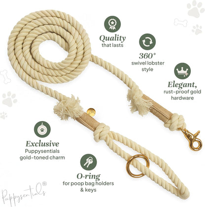 Premium Cotton Rope Leash & Compostable Poop Bags Set – 5 ft Cream Durable, Stylish Leash for Medium/Large Dogs + 120 Extra-Thick, Leak-Proof, Eco-Friendly Waste Bags