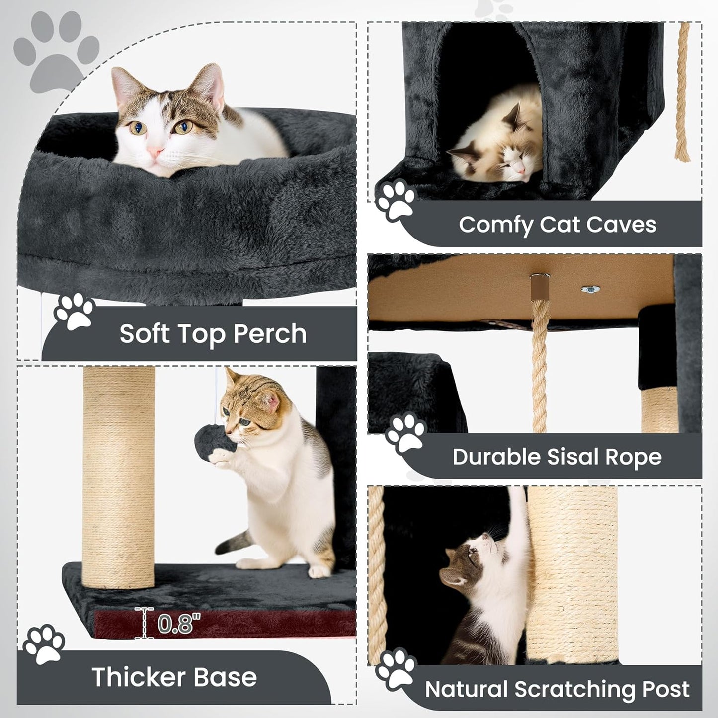 58.5inch Large Cat Tree Tower Condo for Indoor Cats, Soft Plush Multi-Level Climbing Tree Cat House with 1 360° Rotating Cat Cave, Scratching Post, More Entrance/Exit, Sisal Rope, Grey Black