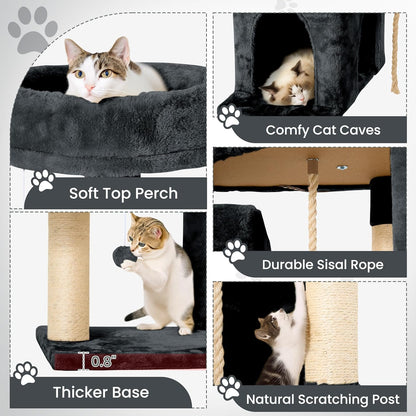 58.5inch Large Cat Tree Tower Condo for Indoor Cats, Soft Plush Multi-Level Climbing Tree Cat House with 1 360° Rotating Cat Cave, Scratching Post, More Entrance/Exit, Sisal Rope, Grey Black