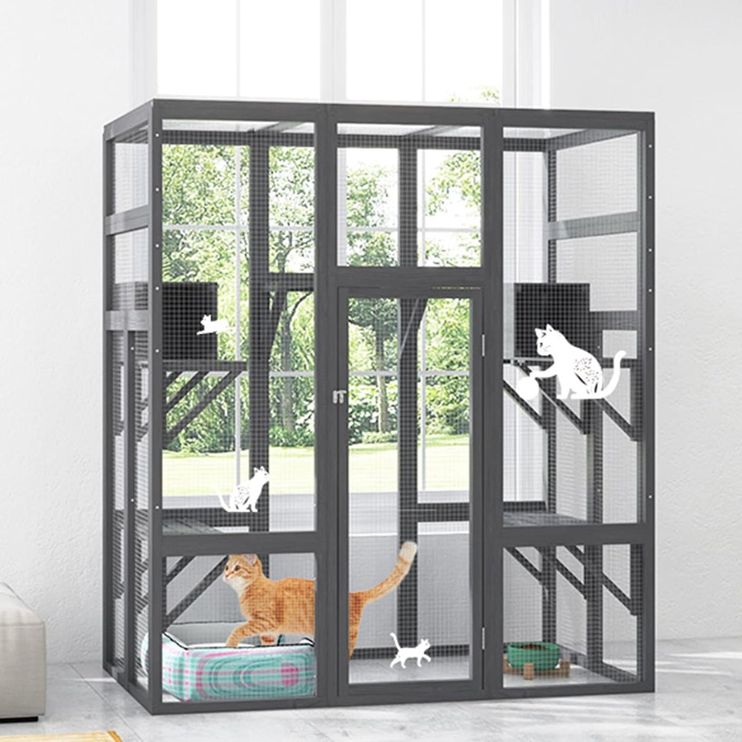 COZIWOW Large 70inches Outdoor Catio, Indoor Cat Cage House with Waterproof Roof, 5 Perches & 2 Condos, Spacious Wooden Cat Enclosure for 2-3 Cats, Stable & Breathable (Grey)