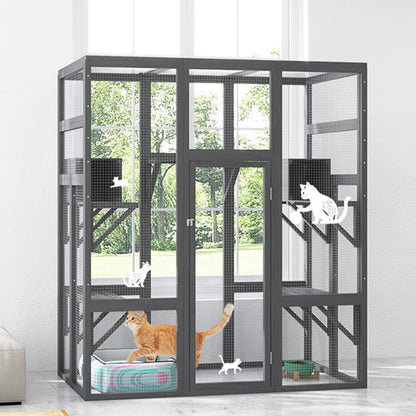 COZIWOW Large 70inches Outdoor Catio, Indoor Cat Cage House with Waterproof Roof, 5 Perches & 2 Condos, Spacious Wooden Cat Enclosure for 2-3 Cats, Stable & Breathable (Grey)