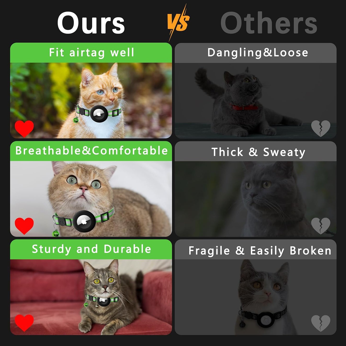 Cat Collar with Air Tag Holder, Reflective Kitten Collar with Bell, Breakaway Airtag Cat Collar for Boys Girls Cats, GPS Tracker for Cats 0.4’’ Width Adjustable Safe Kitty Collar, Light Green