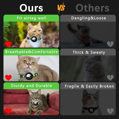 Cat Collar with Air Tag Holder, Reflective Kitten Collar with Bell, Breakaway Airtag Cat Collar for Boys Girls Cats, GPS Tracker for Cats 0.4’’ Width Adjustable Safe Kitty Collar, Light Green