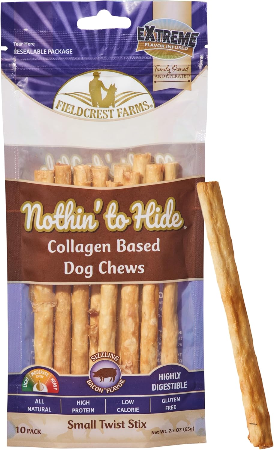 Fieldcrest Farms Nothin' to Hide Twist Stix, Bacon Flavor, Easily Digestible, Supports Skin, Coat, Joints & Muscles, for Moderate Chewers Under 15lbs, 10 Pieces