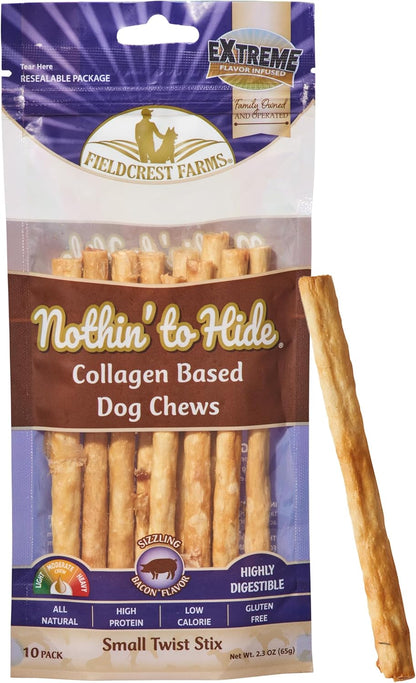 Fieldcrest Farms Nothin' to Hide Twist Stix, Bacon Flavor, Easily Digestible, Supports Skin, Coat, Joints & Muscles, for Moderate Chewers Under 15lbs, 10 Pieces