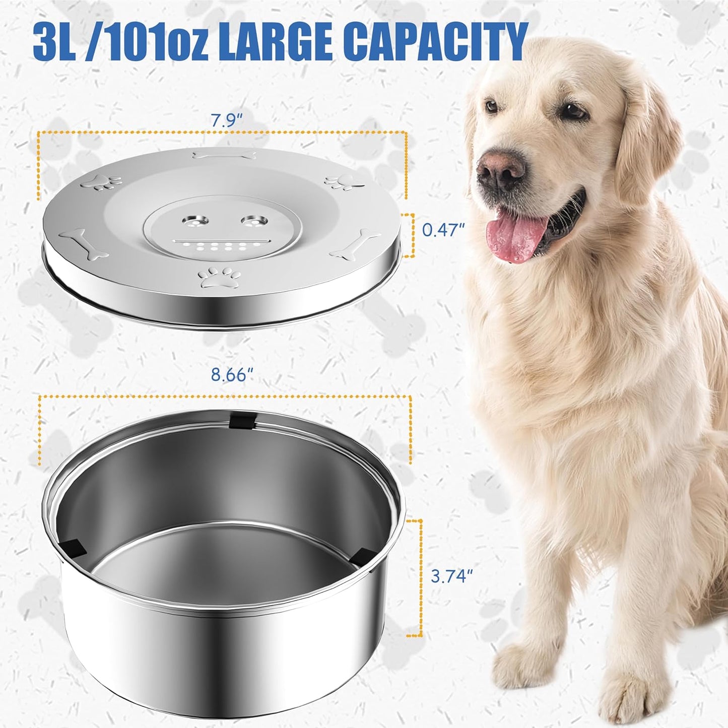 Dog Water Bowl Dispenser, No Spill Water Bowls for Dogs & Slow Feeder Stainless Steel Dog Bowl - Anti-Slip Pet Water Bowl Dispenser for Messy Drinkers