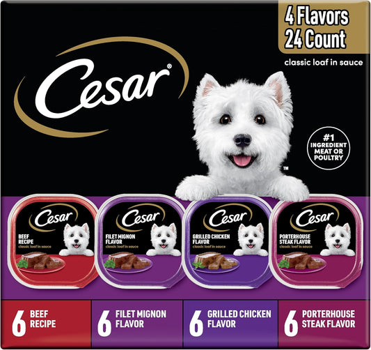 Cesar Wet Dog Food Classic Loaf in Sauce, Breakfast and Dinner with Grilled Steak & Eggs Flavor, and Chicken & Liver Flavor, 3.5 oz. Easy Peel Trays, Variety Pack 24 Count (Pack of 1)