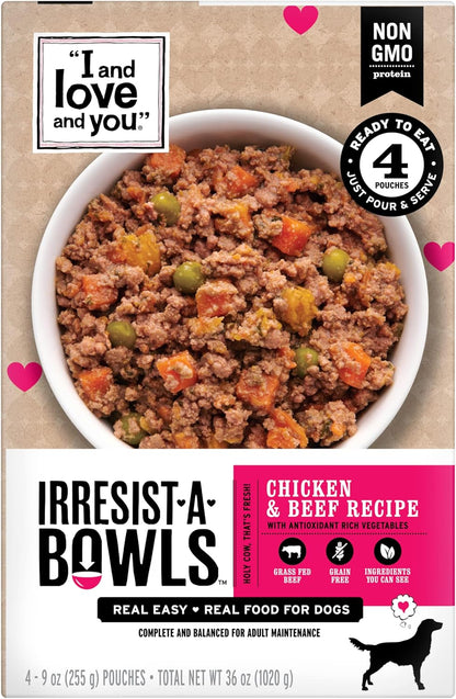 I AND LOVE AND YOU Irresist-a-Bowls Freeze Dried Dog Food - Chicken + Beef- Prebiotics, Grain Free, Filler Free, Meal Enchancer, 9oz Pouch, 4pk