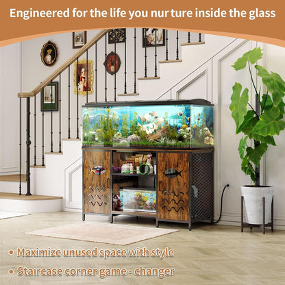 55-75 Gallon Fish Tank Stand with Power Outlet, Rustic Wood Aquarium Table with Cabinet and Shelf, Heavy Duty Metal Rack for Turtle Tank, Reptile Terrarium, 1000LBS Capacity, Brown
