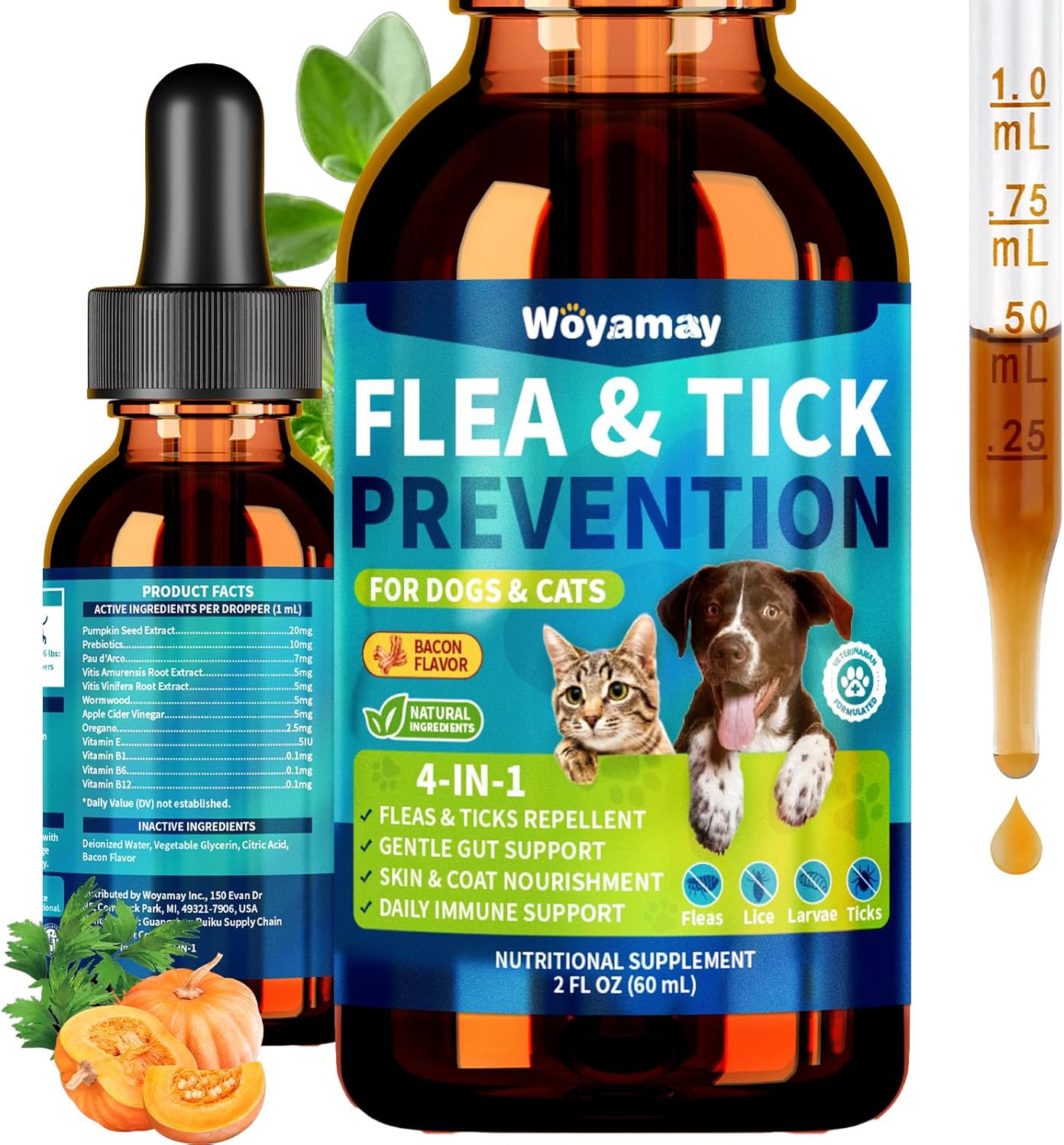 4-IN-1 Flea and Tick Prevention Drops for Dogs and Cats, Natural Cat & Dog Flea and Tick Treatment, Supports Flea Defense, Gut Health, Skin & Coat Nourishment, and Immune Support, Bacon Flavor