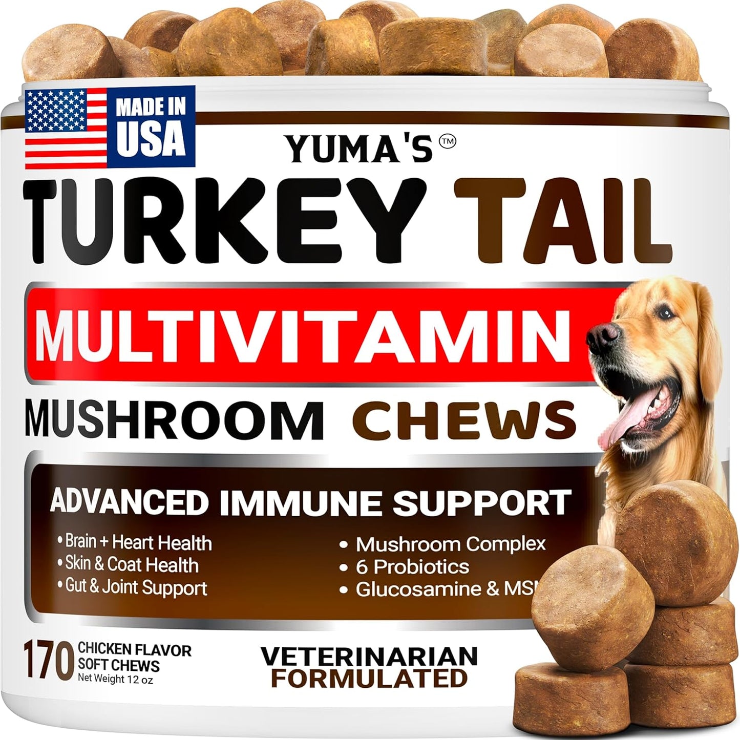 Turkey Tail Mushroom for Dogs - 170 Count - Mushroom Chews for Dogs Lipoma Lumps and Bumps - Immune, Digestive, Skin, Energy & Joint Health - Buddy Overall Health Guard - Dog Multivitamin Supplement