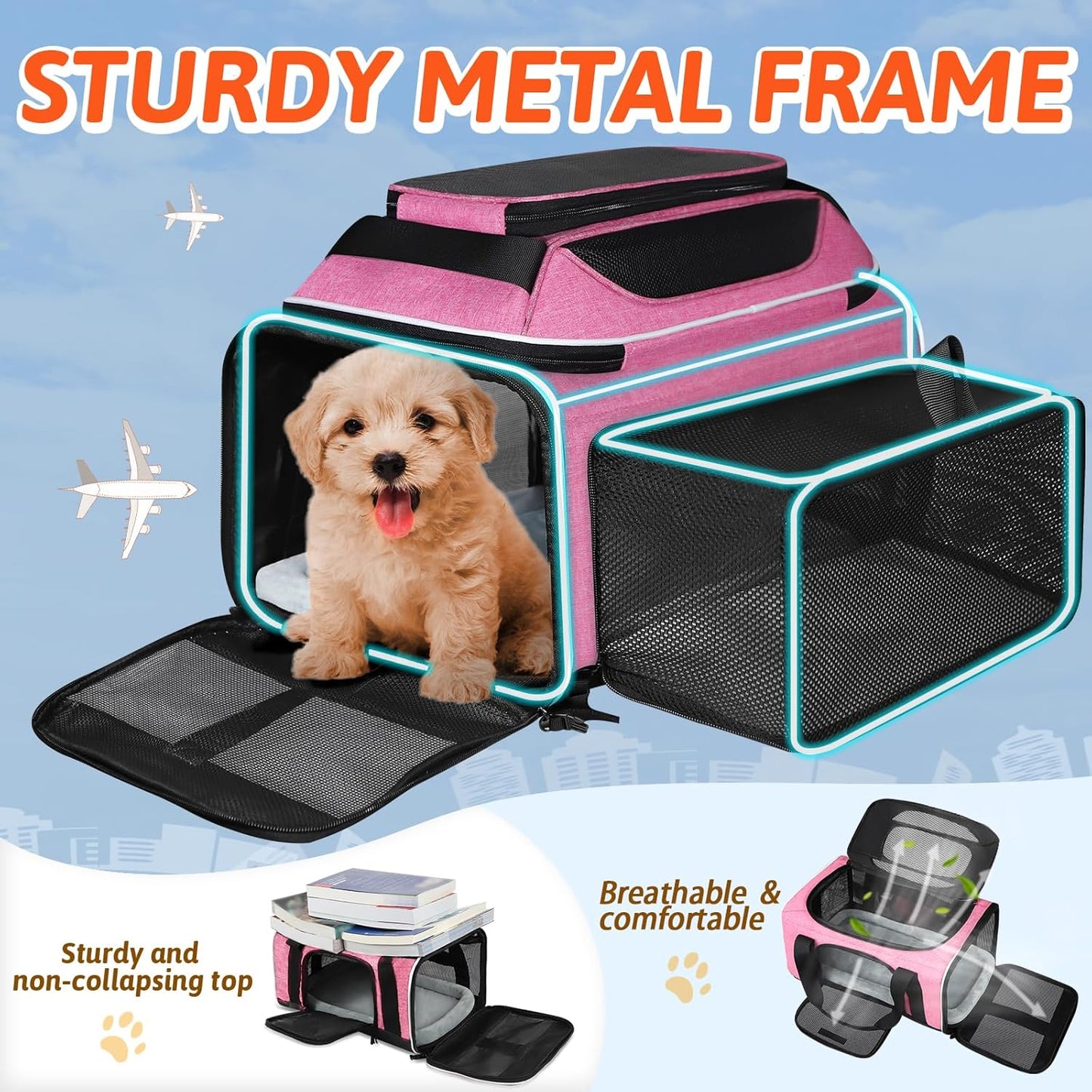 Petskd Top and Side Expandable Pet Carrier 17x11x9.5 Inches Alaska Airline Approved, Soft-Sided Carrier for Small Cats and Dogs with Locking Safety Zippers and Anti-Scratch Mesh(Pink)