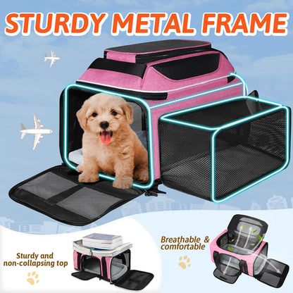 Petskd Top and Side Expandable Pet Carrier 17x11x9.5 Inches Alaska Airline Approved, Soft-Sided Carrier for Small Cats and Dogs with Locking Safety Zippers and Anti-Scratch Mesh(Pink)