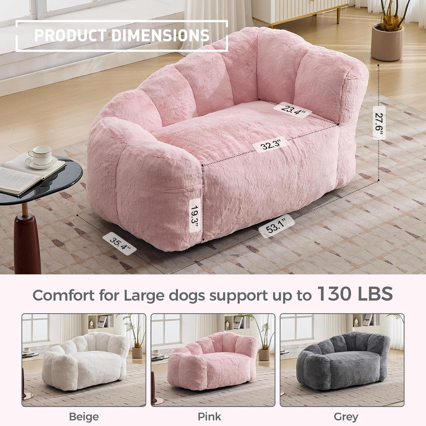 51 Inch Dog Sofa Couch for Large Medium Dogs up to 130 Lbs, Memory Foam Pets Sofa with Faux Fur Fabric Pink