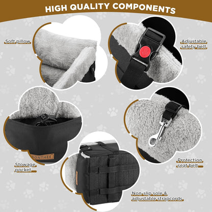 Upgraded Zipper Center Console Dog Car Seat for Small Dogs, Pet Booster Seat with Safety Hook & Adjustable Strap,Washable Center Console Car Bed with Storage Pocket for Pets up to 15lbs