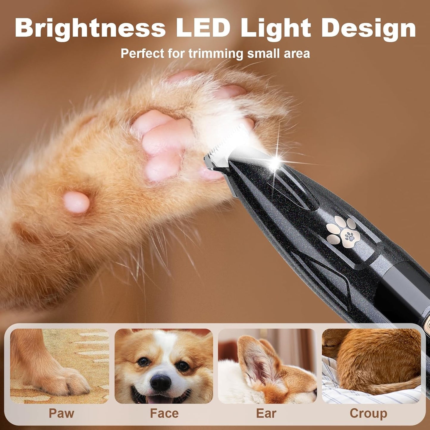 Dog Paw Trimmer with LED Display, 35dB Low Noise Electric Dog Clippers for Grooming, Cordless 20mm-Blade for Trimming Dog's Hair Around Paws, Eyes, Ears, Face, Rump with LED Light (Black)