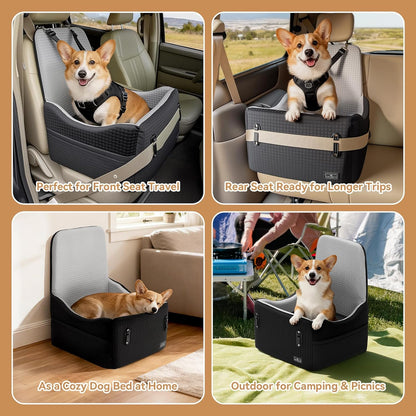 PETSFIT Dog Car Seat for Small/Medium Dogs Up to 35 lbs – Patented Safety System, 6" Memory Foam Pet Booster Car Seat, Fully Detachable and Washable Dog Carseat with 2 Storage Pockets (Black & Grey)