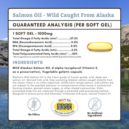 Wholistic Pet Organics Wild Alaskan Salmon Oil for Dogs - 100 Soft Gels - Rich Omega 3 Fish Oil with EPA & DHA for Skin, Coat, Joint, and Heart Health - Natural Dog Skin & Coat Care