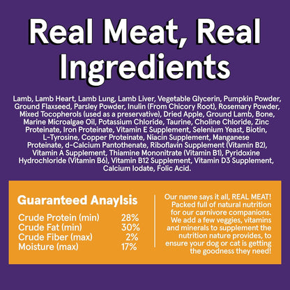 Real Meat Air Dried Dog Food w/ Real Lamb - 2lb Bag of USA-Crafted Grain-Free Real Meat Dog Food Sourced from Hormone-Free, Free-Range, Grass-Fed Lamb - Digestible, All Natural, High Protein Dog Food