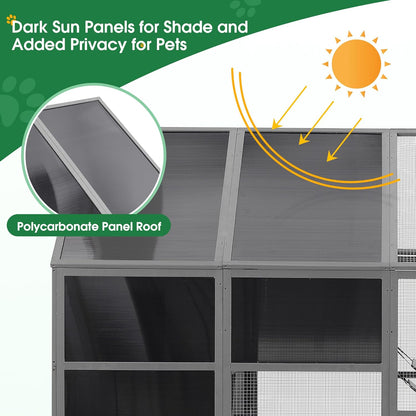 KEIKI Luxury Wooden Cat Cage Outdoor Cat Catio Enclosure 56ft²Extra Large Kitten Run House for Multiple Pets, Walk in Kitten Kennel with Bouncy Bridge, Platforms, Resting Houses, UV Resistant, Gray