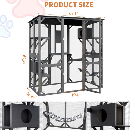 70 Inch Outdoor Walk-in Cat Enclosure with Window, Waterproof Roof Cattery with Bridge and Scratching Post Outdoor Patio Cat Playpen, Grey