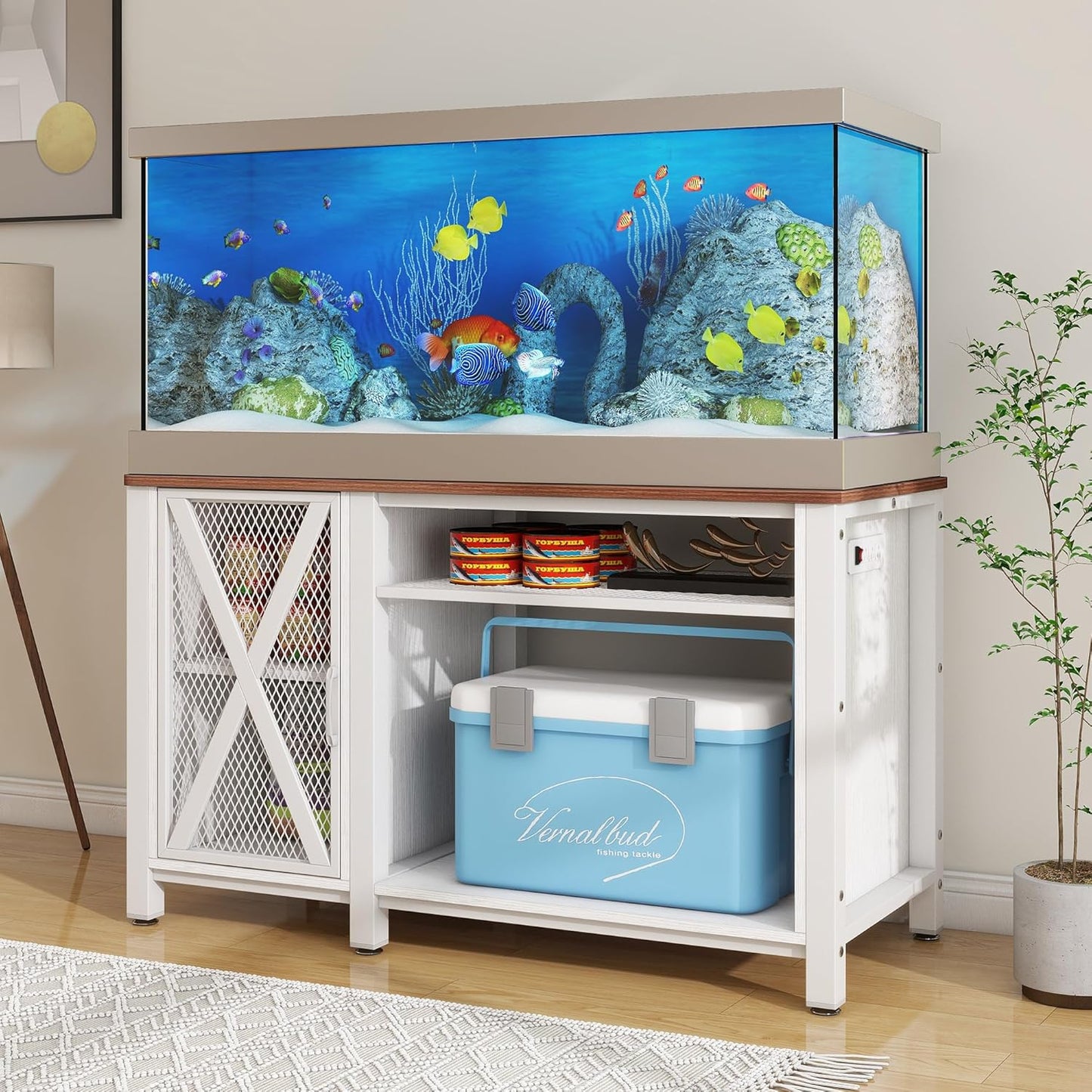 YITAHOME Heavy Duty 55-75 Gallon Aquarium Stand with Power Outlets, Cabinet for Aquarium Accessories Storage - Metal Fish Tank Stand Suitable for Fish, Turtle Tank, 880LBS Capacity, White